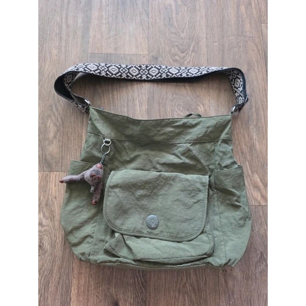 Kipling Olive Green Crossbody Shoulder Bag with Monkey Charm